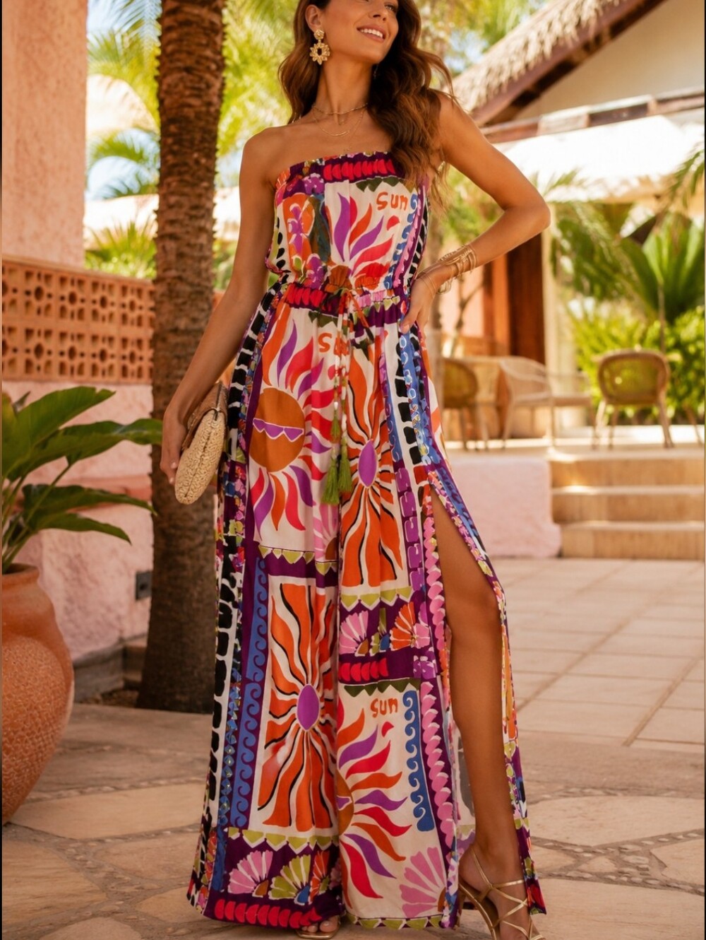 True Destinations Farm Rio Vibe Strapless Resort Jumpsuit XS NWT Tropical Palazz